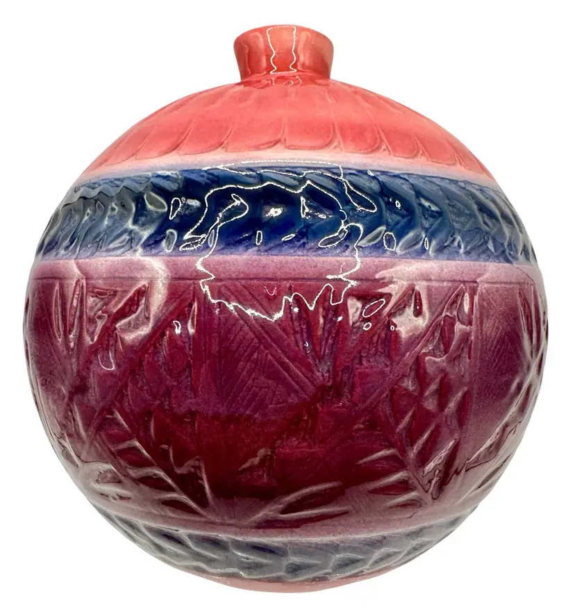 Signed Studio Art Pottery Vase Southwest Pattern Carved Round Pink Blue Purple