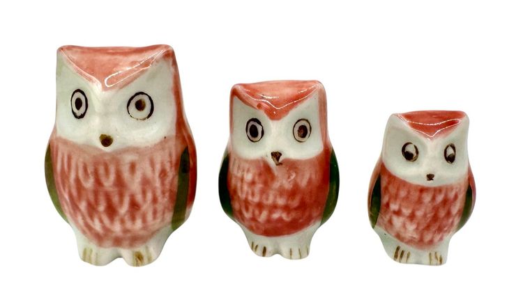 Set of 3 Vintage Papa Mama Baby Owl Bird Family Miniature Ceramic Figurine Japan