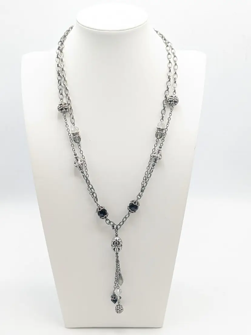 Brighton Jet Set Lariat Style Necklace Black and Clear Crystal Beaded Silver Tone