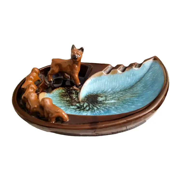 Vintage Boxer Dog and Puppies Rossini Ceramic Ashtray Japan MCM Blue Brown
