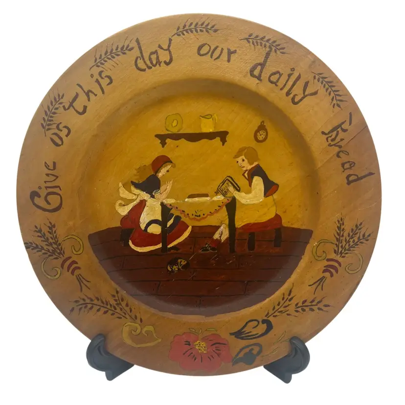 Vintage Hand Painted Wood Prayer Plate 11.5in Give Us This Day Our Daily Bread