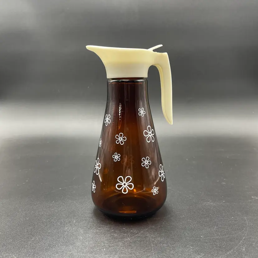 Thatcher Glass Amber White Floral Syrup Pitcher Dispenser Serving Kitchen
