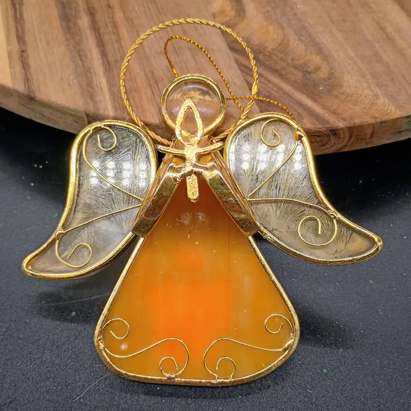 Leaded Stained Glass Angel Suncatcher Tree Ornament Orange Slag Glass Cadmium
