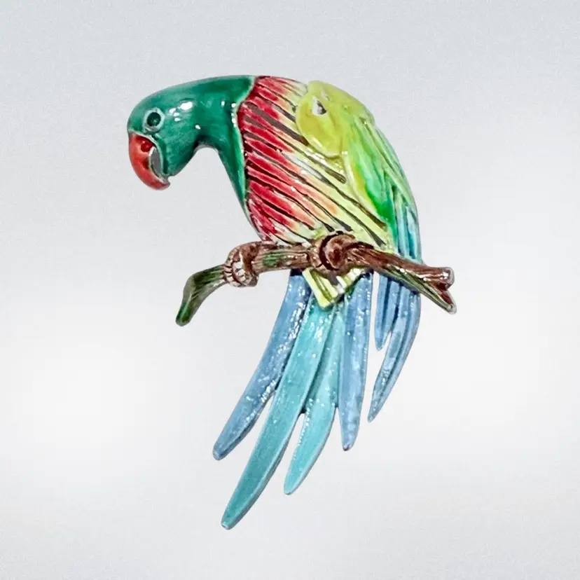 Vintage Enamel Macau Bird on Branch Silvertone Brooch **UV Reactive** (KK)