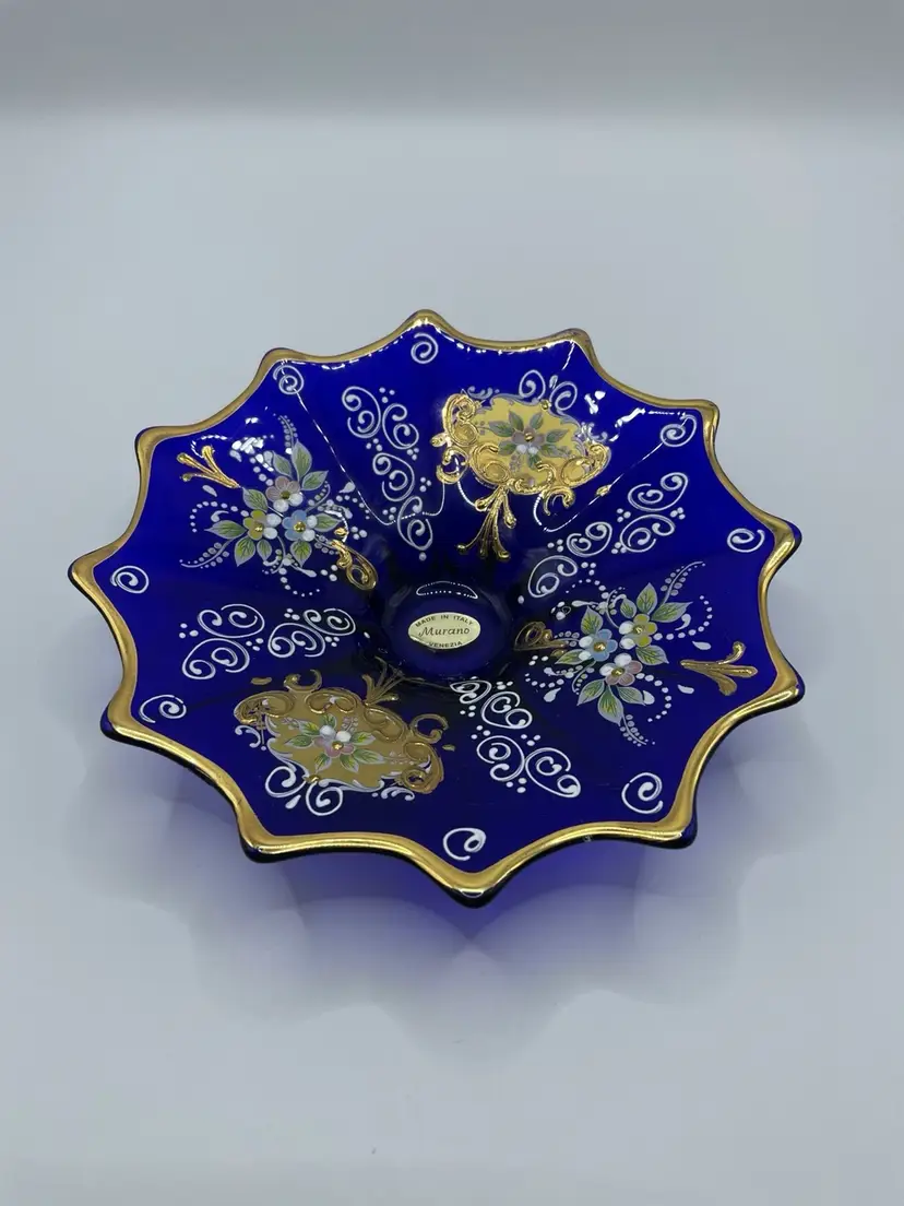 Murano Hand Painted, Glass Bowl, Made In Italy, Venezia, Cobalt Blue With Gold Trim