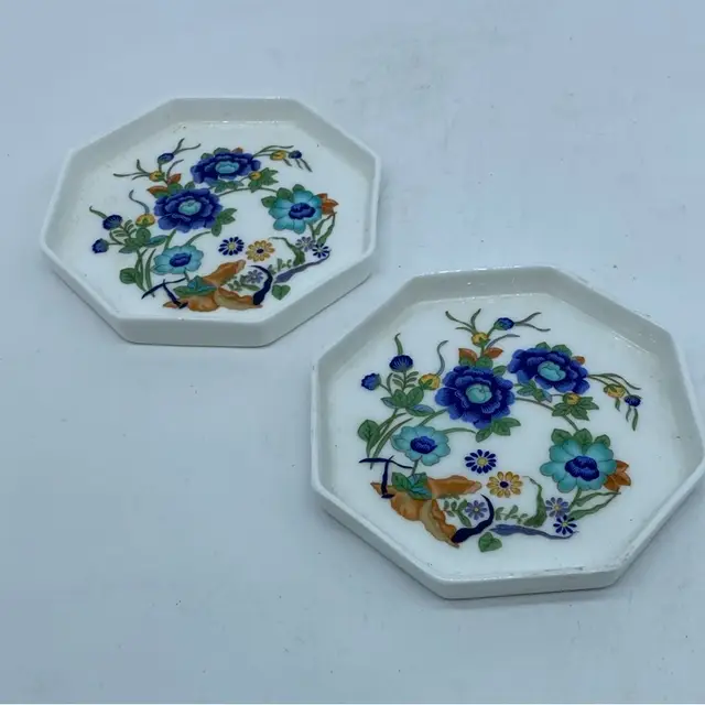 #4215 Pair Aynsley Marlina octagonal porcelain coaster/butter Pat/trinket Dish with Oriental floral design.