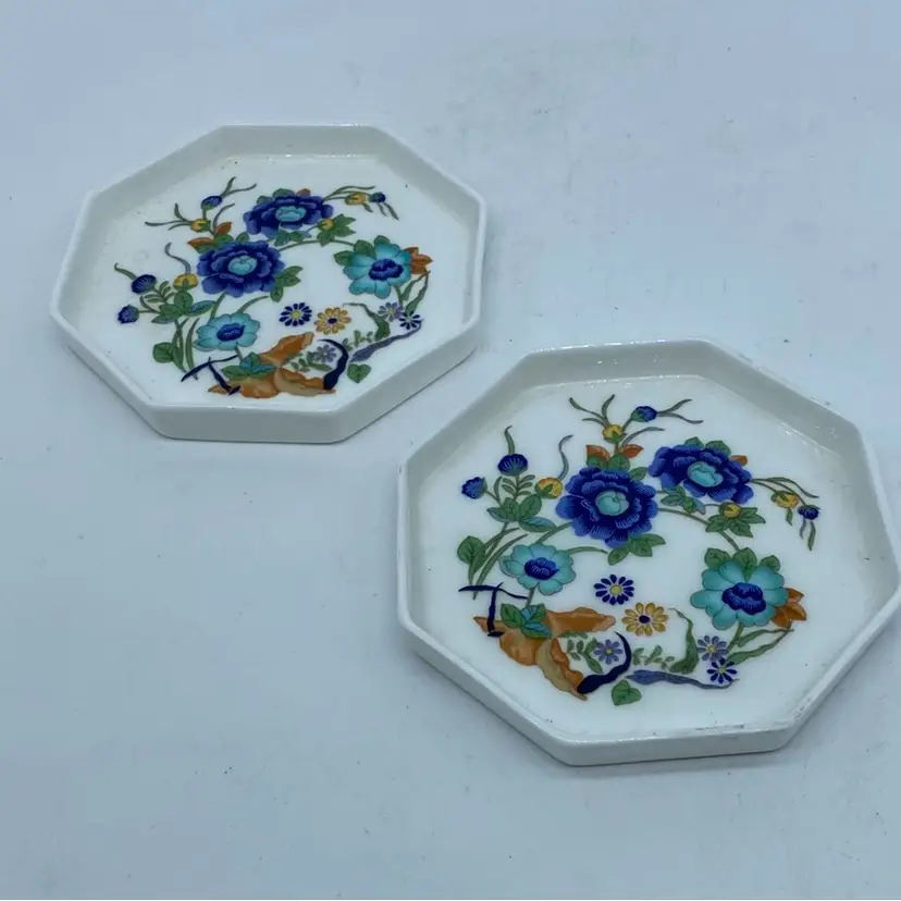#4215 Pair Aynsley Marlina octagonal porcelain coaster/butter Pat/trinket Dish with Oriental floral design.