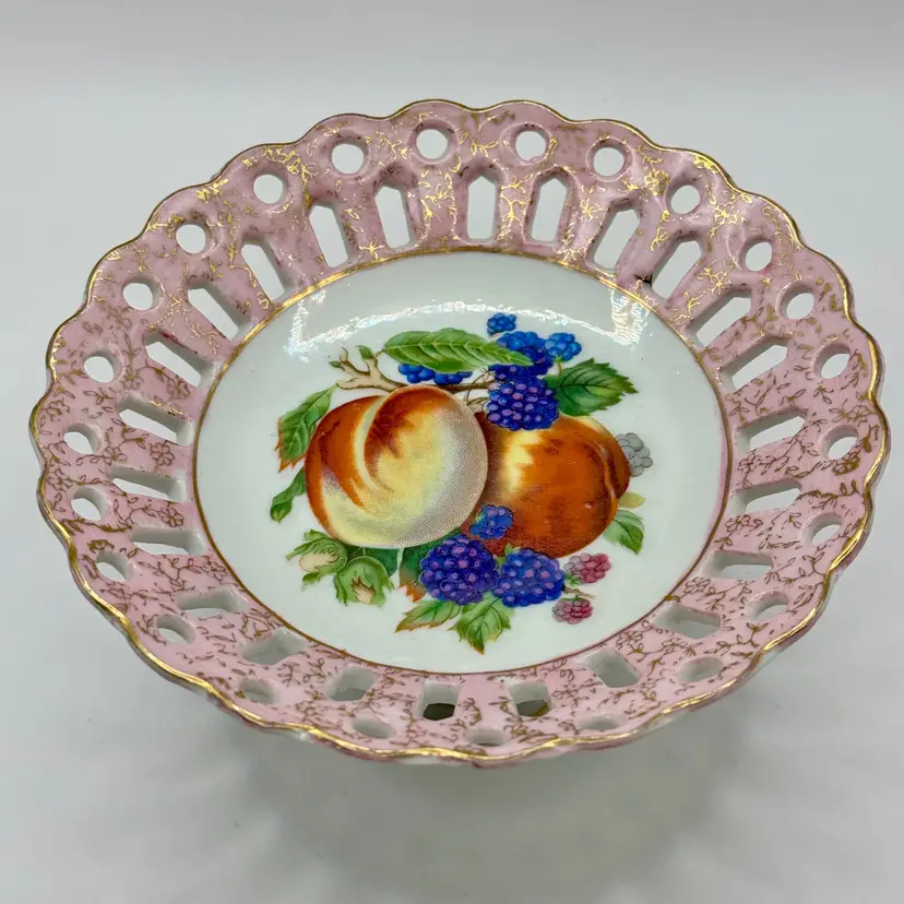 Vintage Compote Pedestal Reticulated Trinket Candy Bowl Dish, Pink Lattice Cut Pierced Porcelain Plate, Fruits Peach Grape Design, Hand-painted Collectible, By J. B. Betson’s, Made in Japan