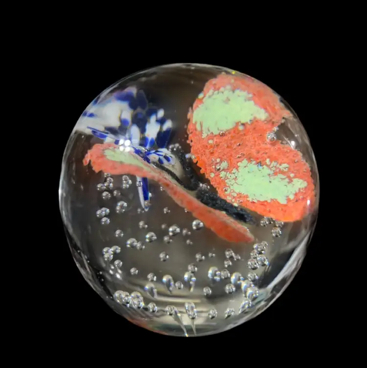 Antique Glass Paperweight Butterfly and Confetti Blue/White Floral