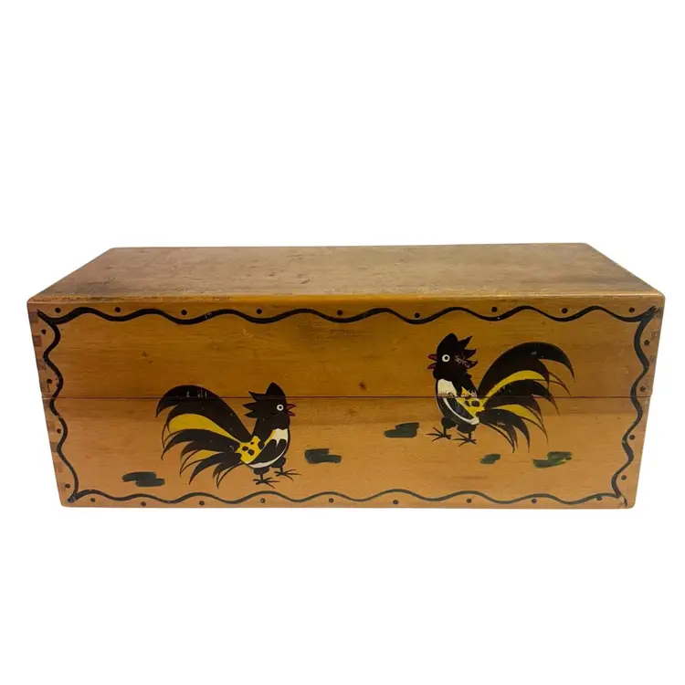 Vintage Woodpecker Woodware Hand Painted Roosters Lidded Box 12”x5”
