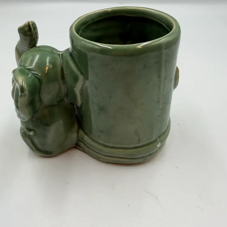 Vintage Majolica Lucky Elephant Green Ceramic Bamboo Planter Vase