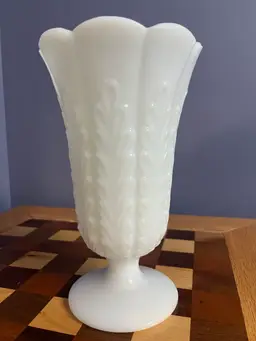 Vintage E.O. Brody white milk glass pedestal vase with fern pattern.- 9”