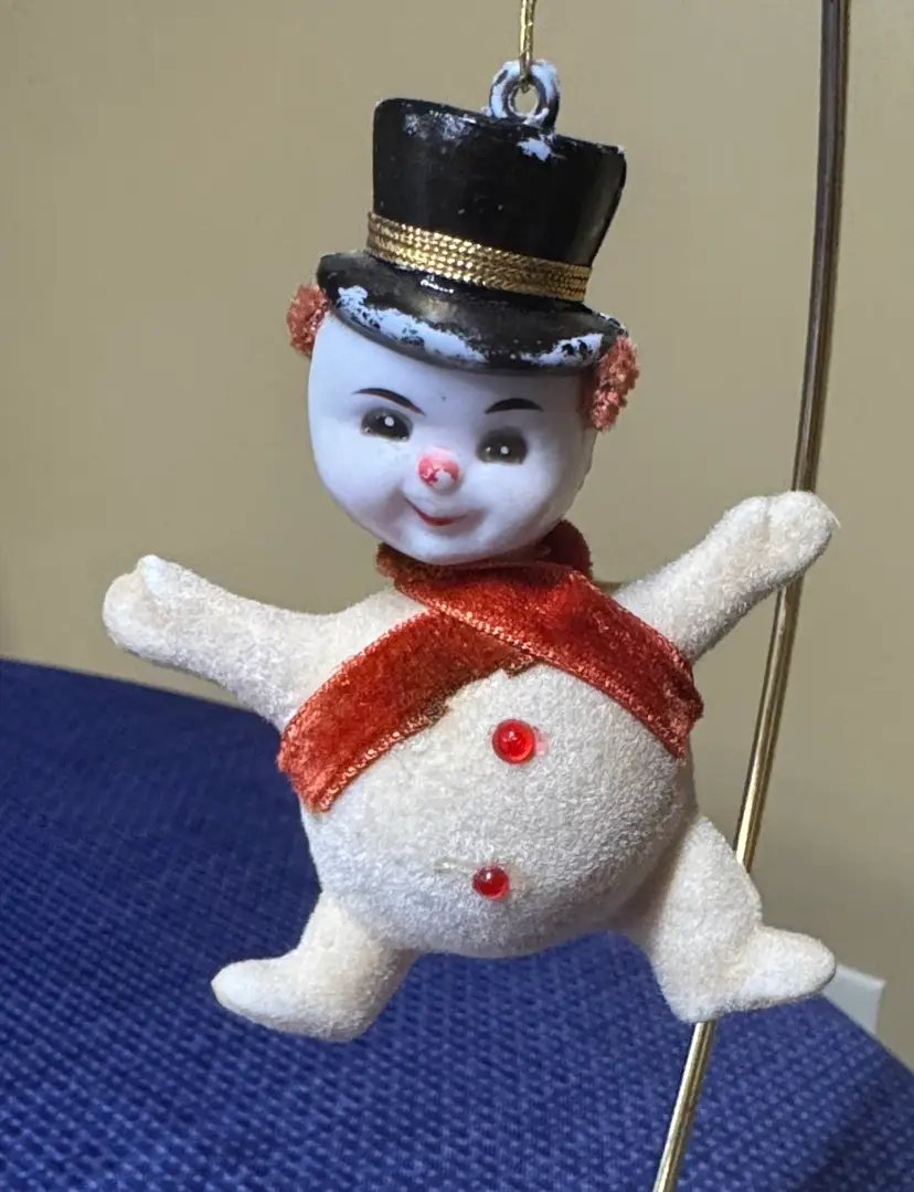 Blow Mold Velvet Flocked Dancing Christmas Snowman Ornament Vintage