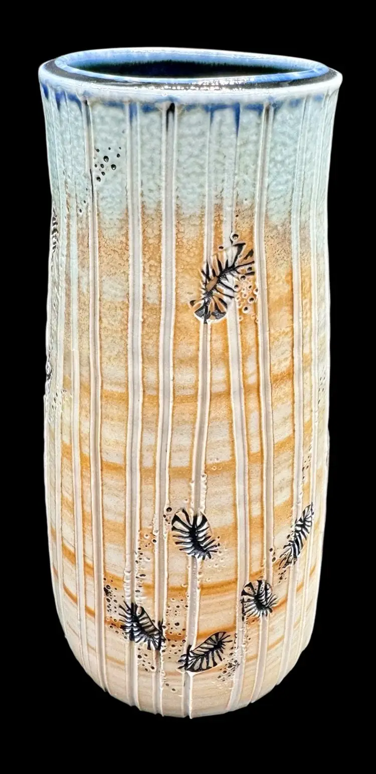 Signed Flash! Studio Art Pottery Vase White Blue Tan Feather Shell Abstract 9”