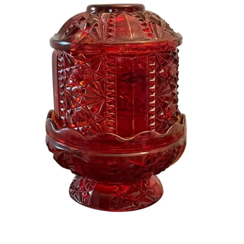 Vintage 2-piece Indiana Glass Red Flashed Bars And Stars Fairy Lamp 6. 1/2” X 4 1/2”- READ