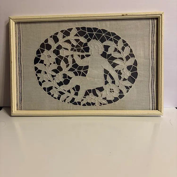 Vintage Handmade Lace Linen Cutout Cherub Or Putto Motif Wall Art