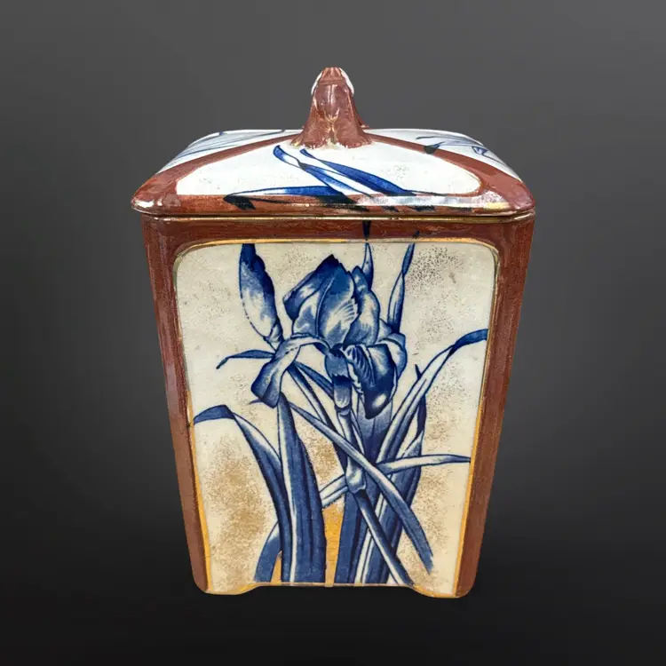 Antique Burroughs & Mountford Pottery Blue Iris Gold Trim Canister/ Biscuit Jar