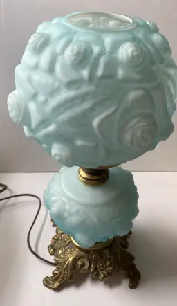 FTB Vintage Embossed Blue Rose Parlor Lamp. Signed FTB