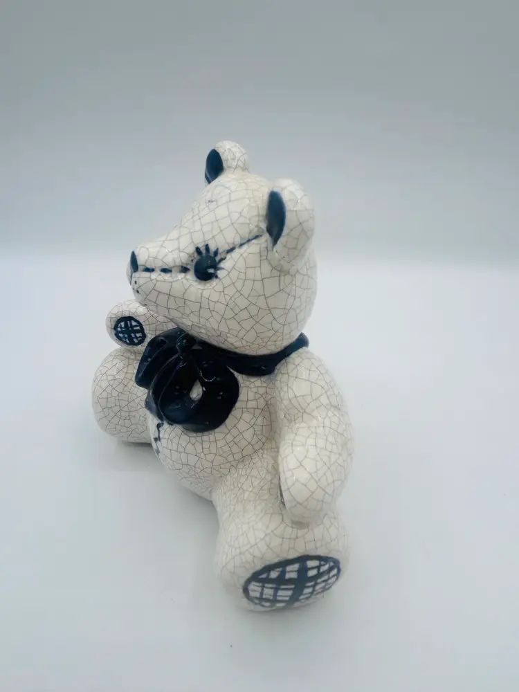 Dedham Pottery Blue White Crackle Teddy Bear Figurine 5”