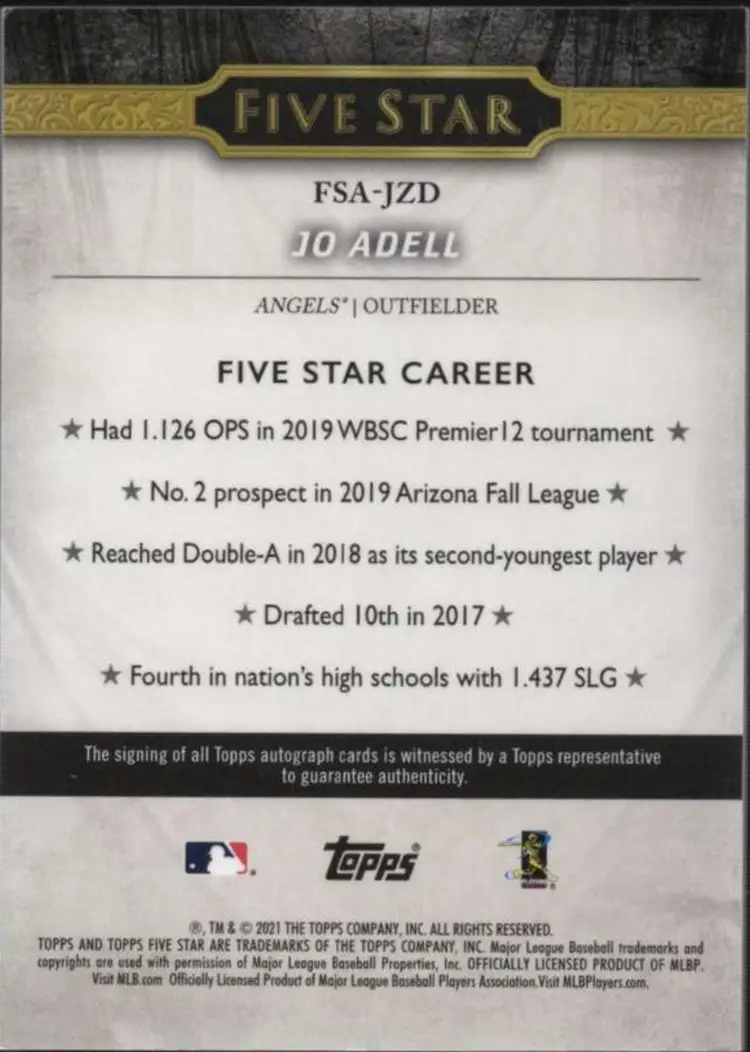 2021 Topps Five Star Purple #FSA-JZD Jo Adell RC,AU,#/50 Los Angeles Angels
