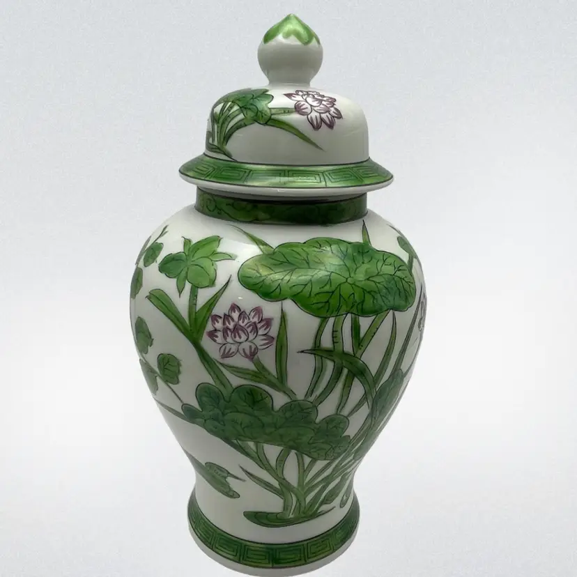 Japan, Ceramic 2 Pc Ginger Jar, 2 BIRDS, Purple and White Water Lilies/Green Leaves and Grass, Greek Key Design, 10” Tall
