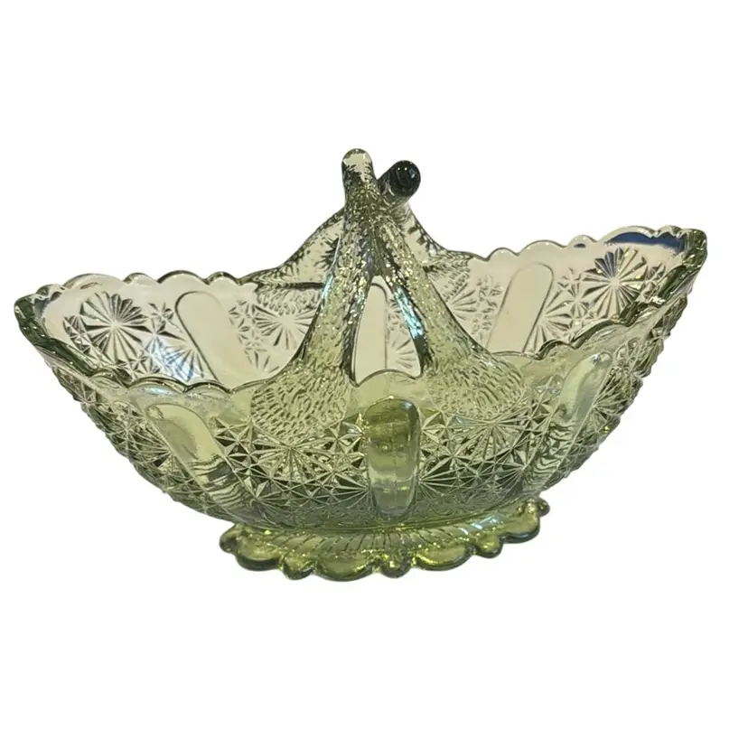 Fenton Green Glass Daisy & Button Oval Basket Split Twig - 1960's