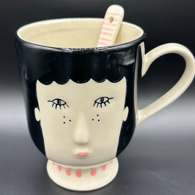 Figural Girl Ceramic Mug And Spoon Set