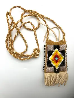 BIN - Native American Beaded Leather Medicine Pouch Necklace With Braided Cord