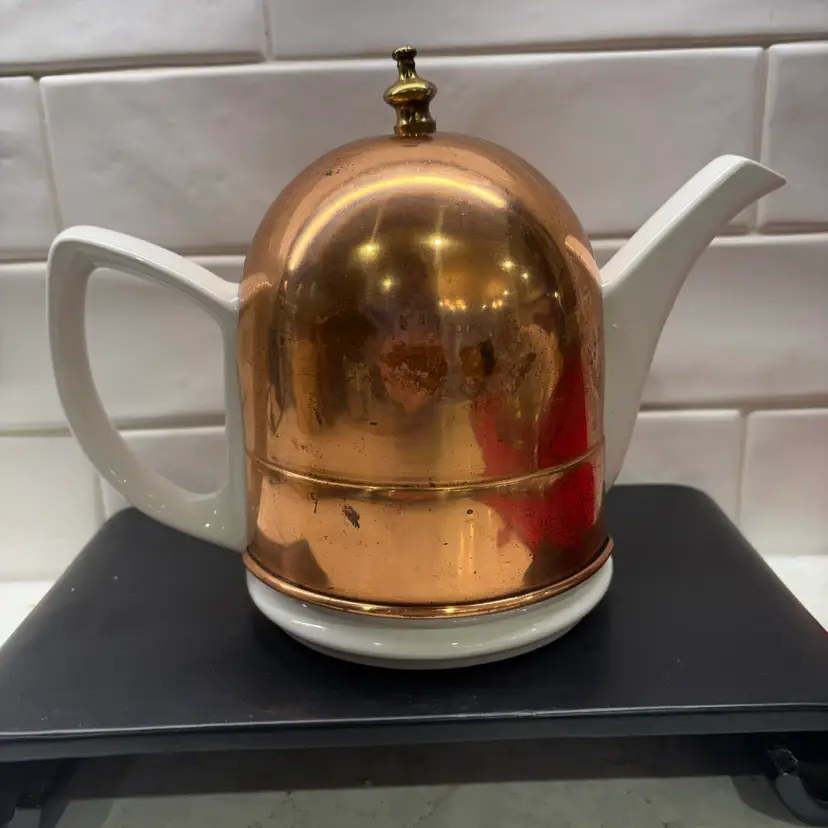 Vintage Ceramic Teapot with Copper Cover, made in Korea