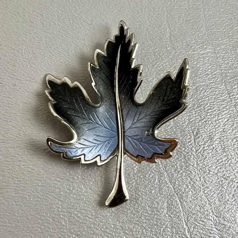 Vintage Silver Tone Blue Autumn Leaf 2.5" Brooch Fall