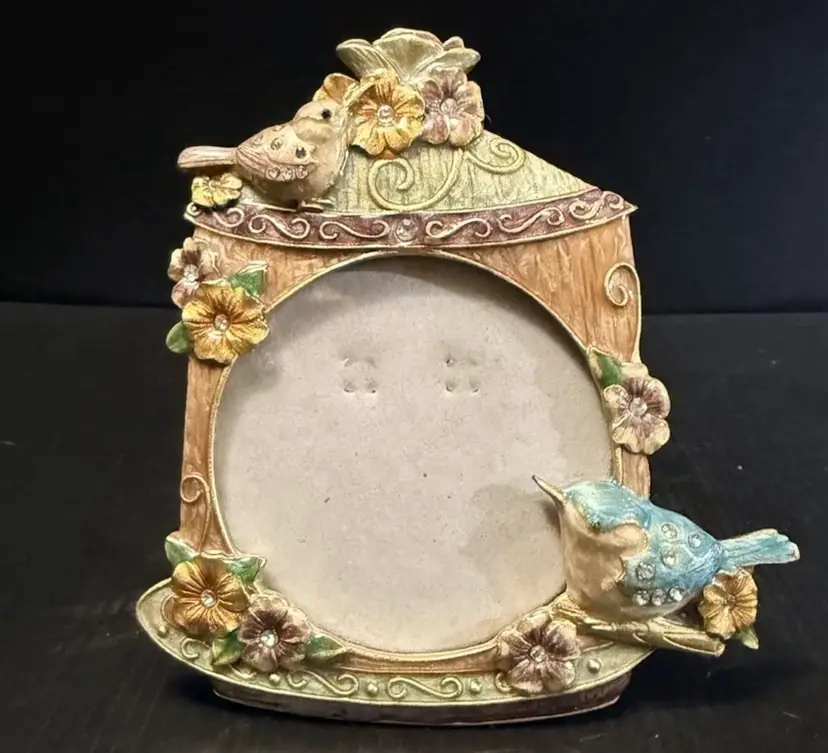 Vintage Floral Birdhouse + Birds Enameled Picture Frame w/ Genuine Crystals
