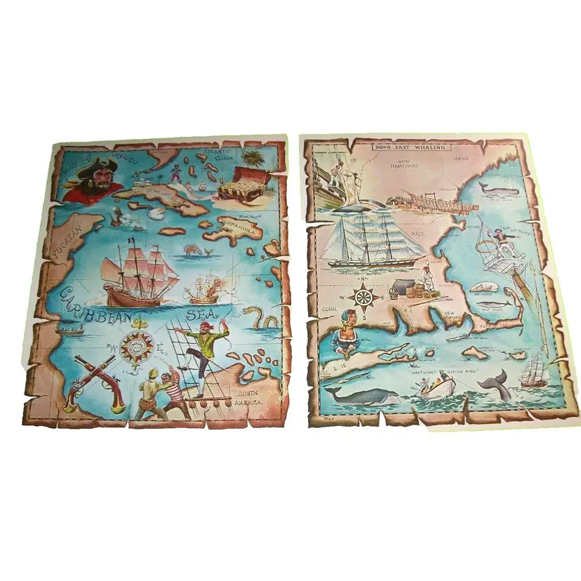 Pirate Ship Art Prints Treasure Chest Map Sea Monsters Ocean Whales Set Of 2