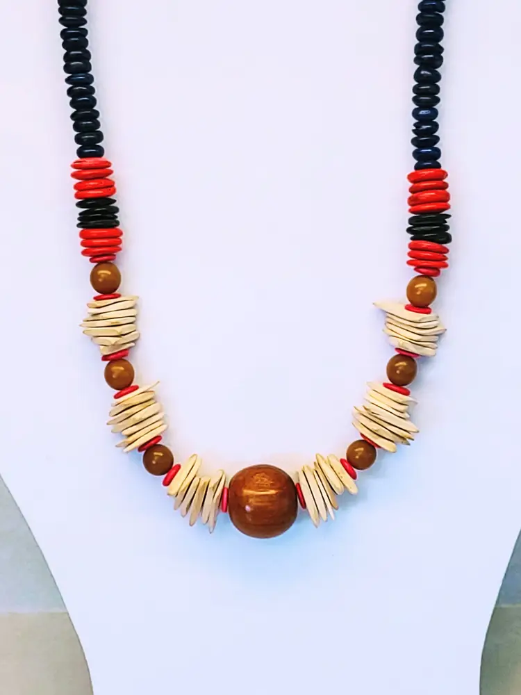 BOHEMIAN TRIBAL VINTAGE WOOD MULTI SHAPED BEADED NECKLACE