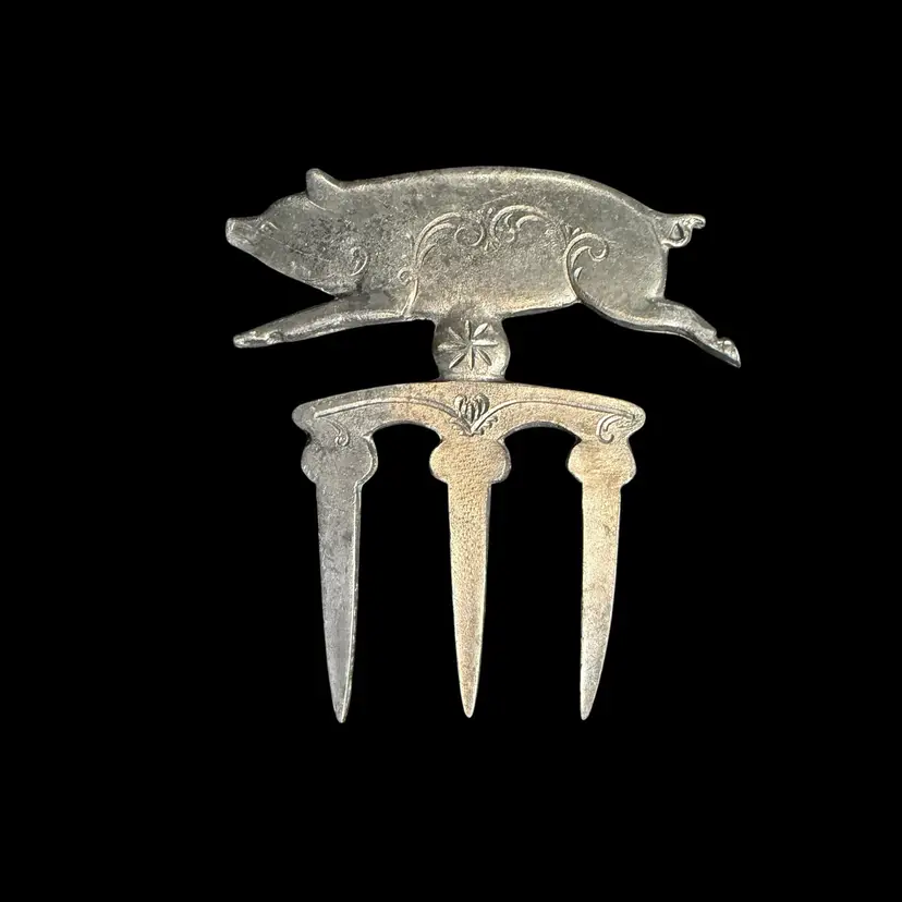 Vintage Swedish Meat Lifter Fork Pig Motif Scandinavian Kitchen Serving Tool Metal 3.5x4