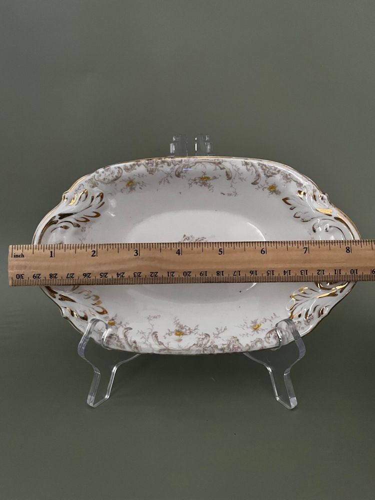 Antique Henry Alcock Semi-Porcelain 8”Oval Shaped Dish: Yellow Roses & Pink Carnations