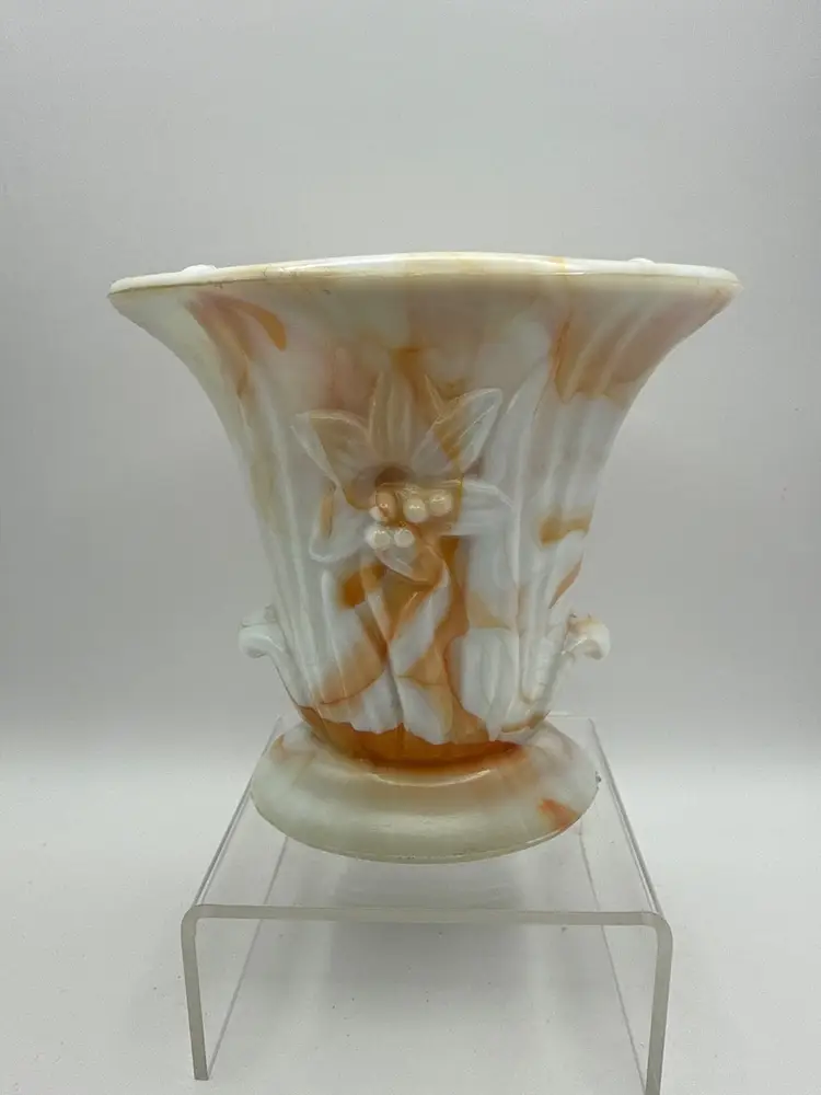 Vintage Akro Agate Orloff Sachet Flower Vase Orange White Marbled Made In USA no 309