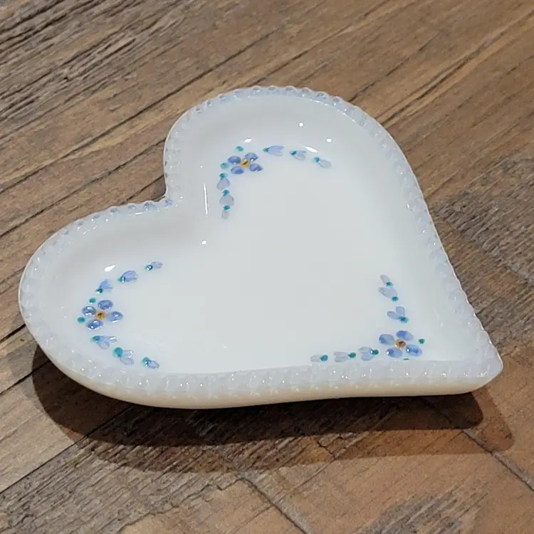 Vintage Handpainted Milk Glass Small Heart Shaped Trinket Dish With Beaded Rim