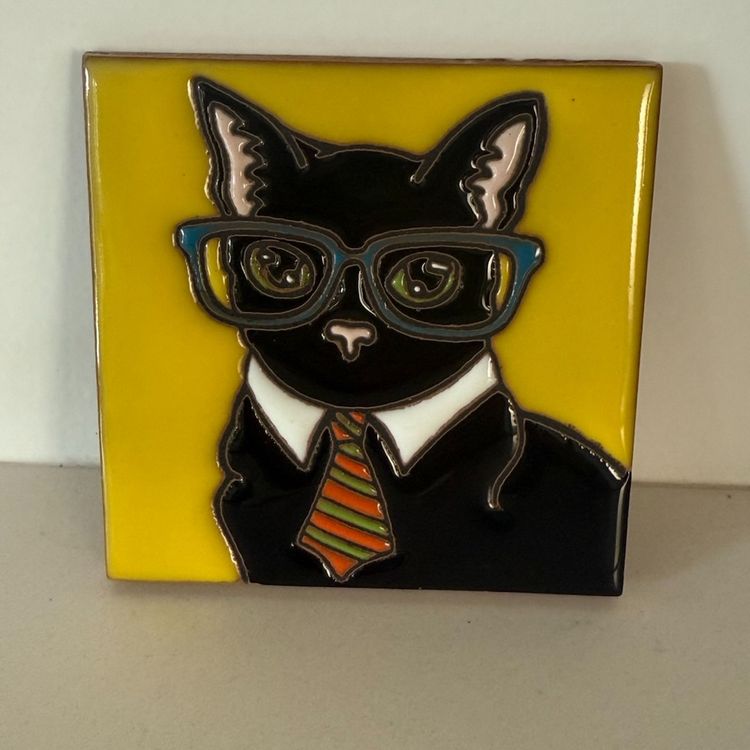 Talavera Tuxedo Cat Tile Coaster 4”