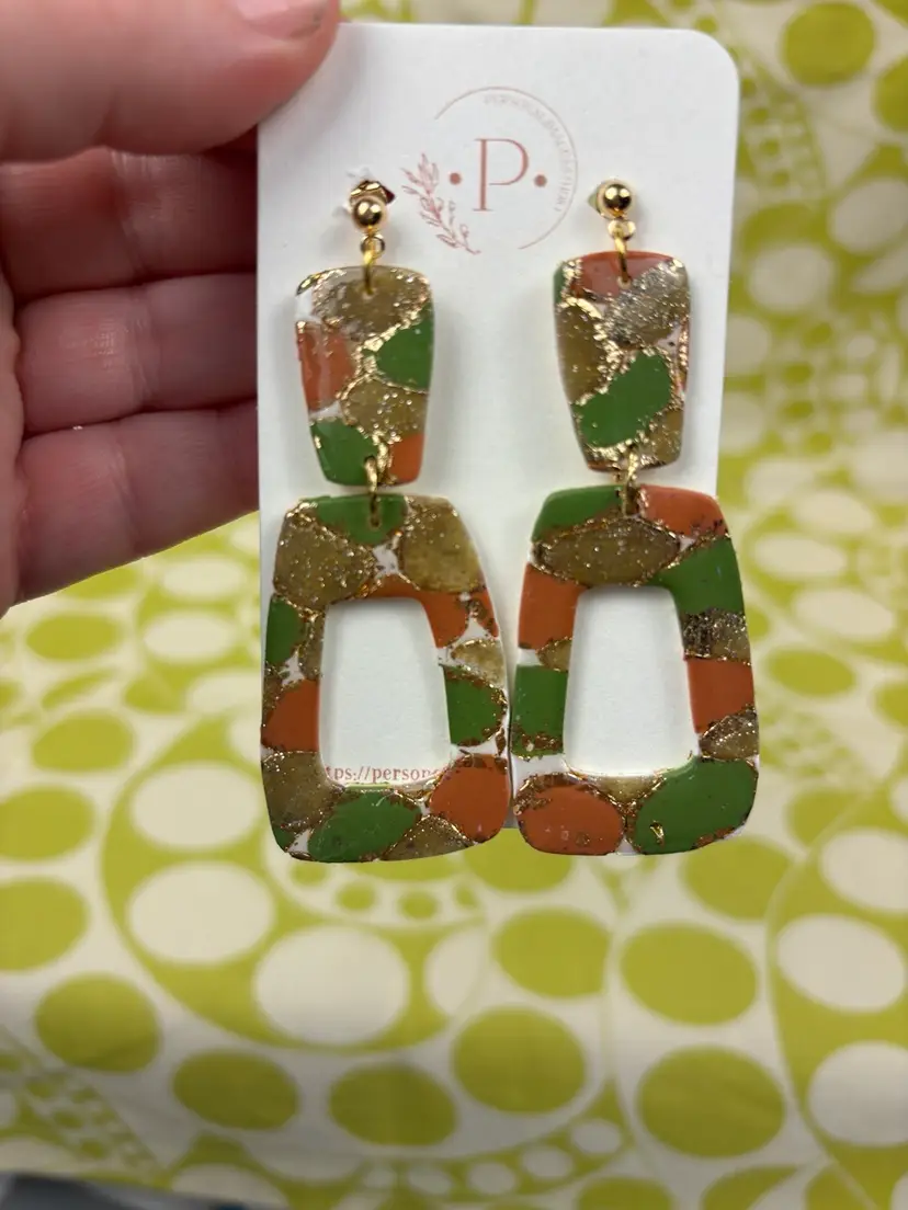 Handmade Retro Green Gold Orange Polymer Clay Earrings