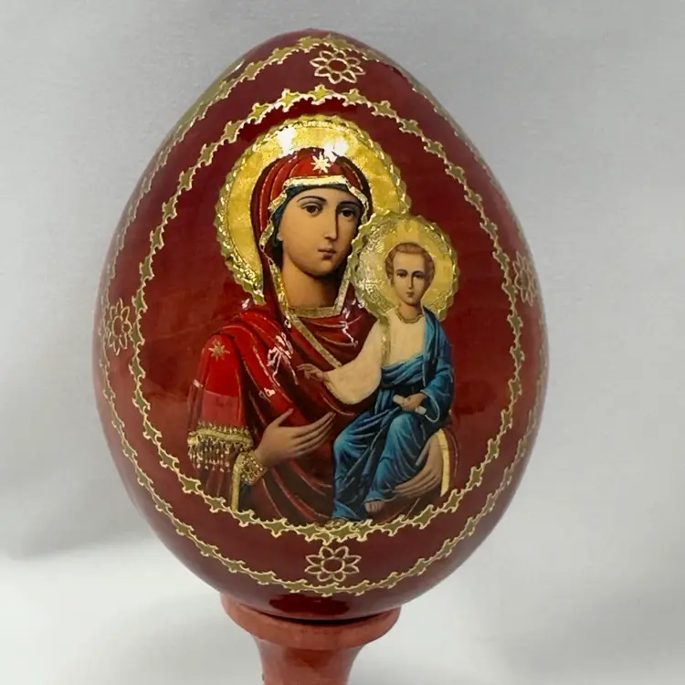 #1732 Russian Orthodox Icon Egg Madonna And Child “Our Lady Of Kazan” Wood