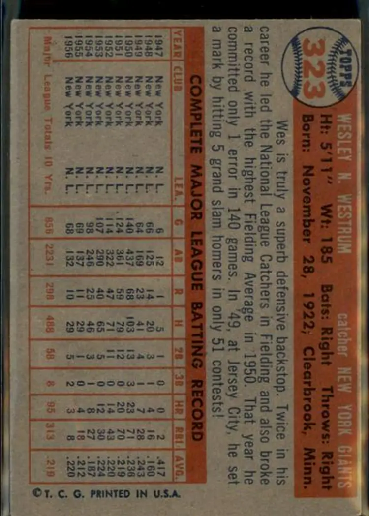 1957 Topps #323 Wes Westrum - ( pk1 ) - New York Giants