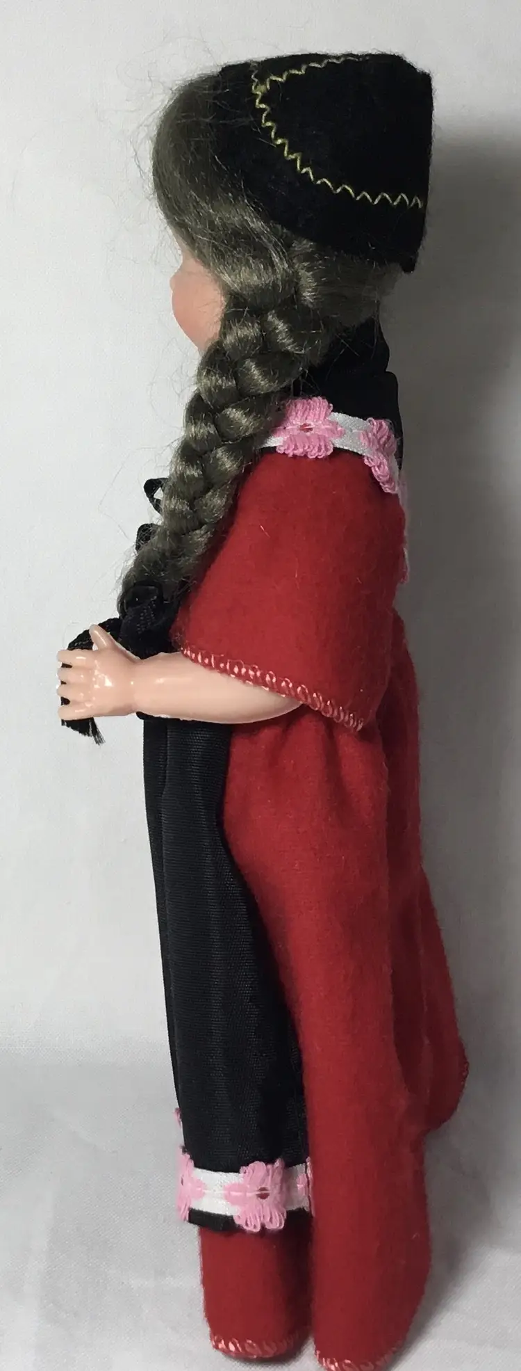 1950s Swiss celluloid doll, open/close eyes, includes adjustable metal stand.