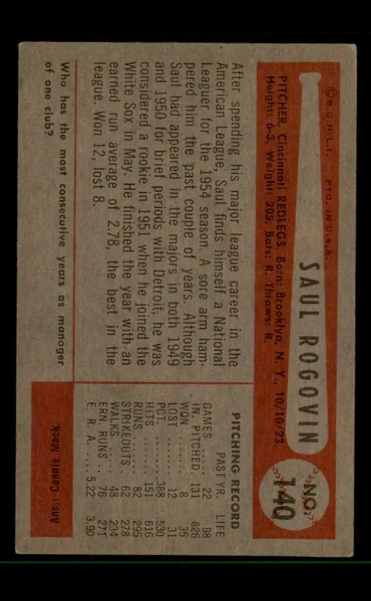 1954 Bowman #140a Saul Rogovin - (pk-tl3) - Cincinnati Redlegs