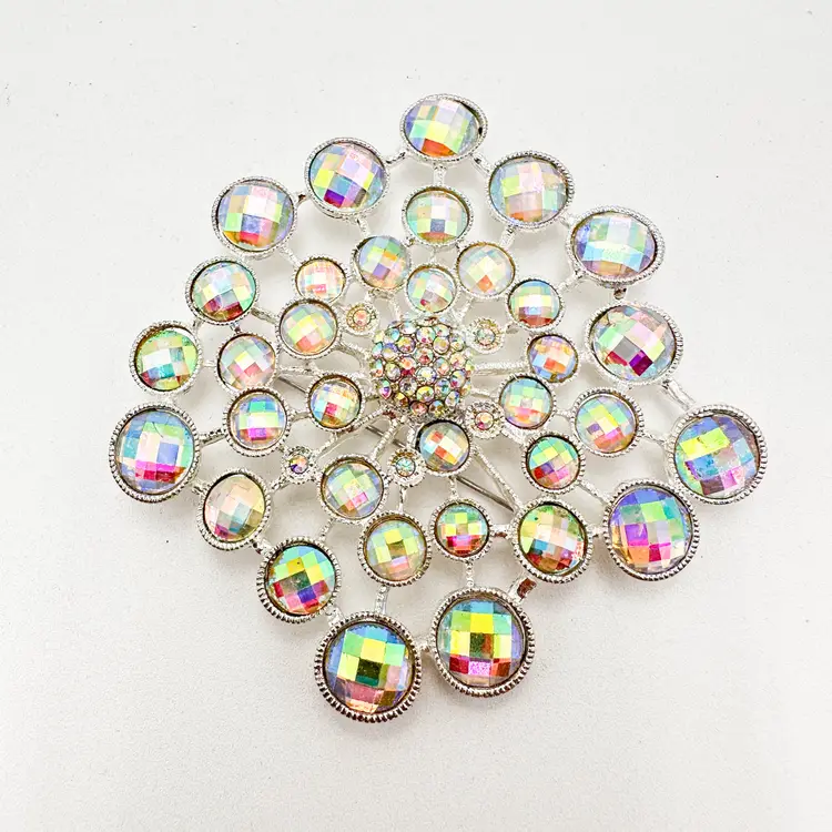 AB Iridescent Brooch Pendant Silver Tone Unbranded Large 3"D