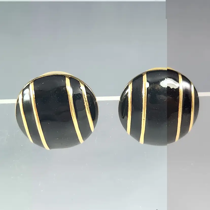 Monet Gold Tone & Black Stripe Earrings Enamel Round Button Post Pierced Ears Vintage Costume Jewelry + Gift Box