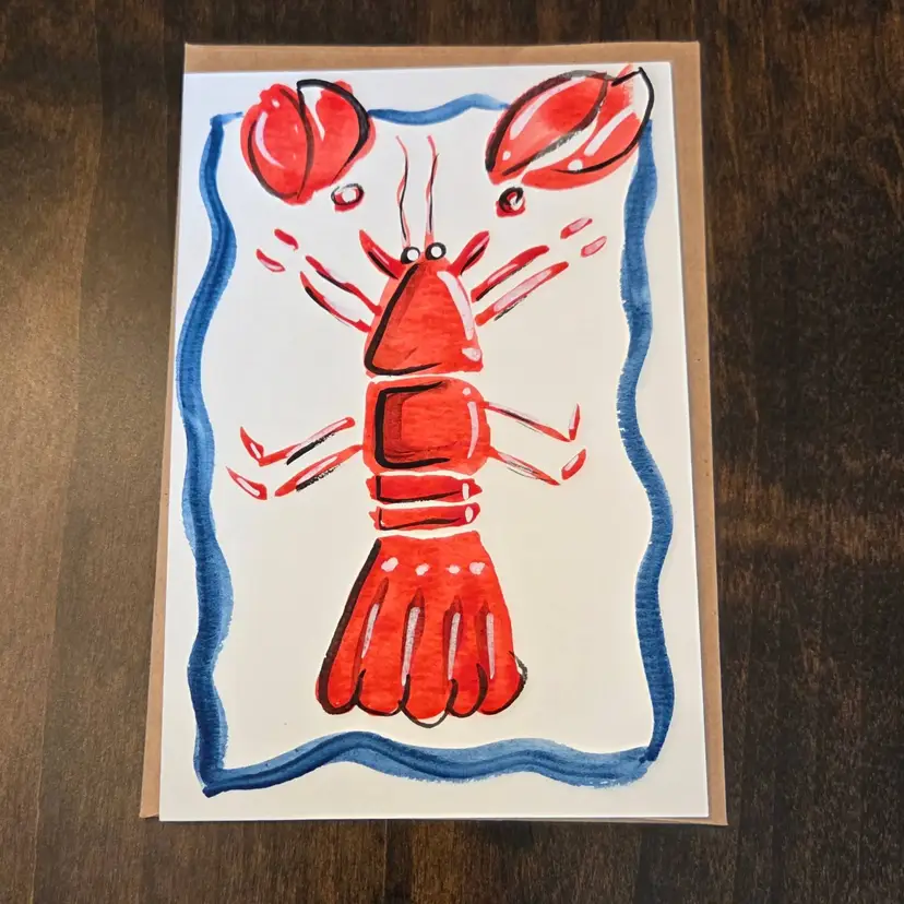 #02 Handpainted Watercolor Red ❤️ Lobster Card Single