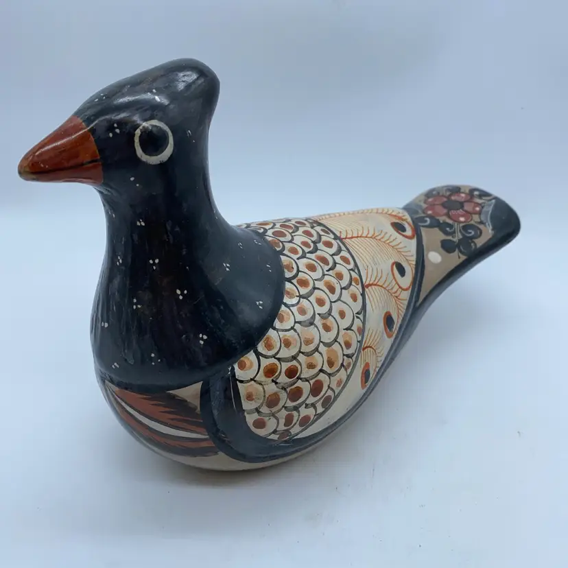 #3018 Hand-painted Tonala pottery bird figurine with intricate folk art details Signed