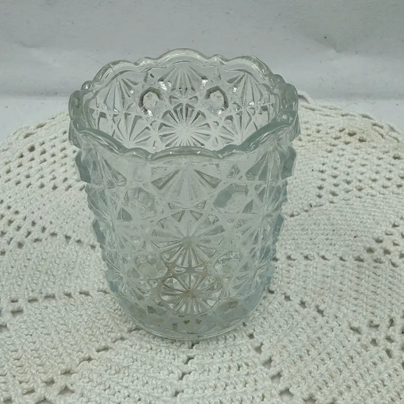 Vintage clear pressed glass votive holder with Daisy and Button pattern. “M” On Base