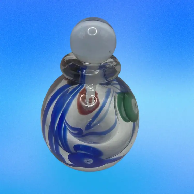 Hand Blown Art Glass Perfume Bottle With Stopper, 4” Tall