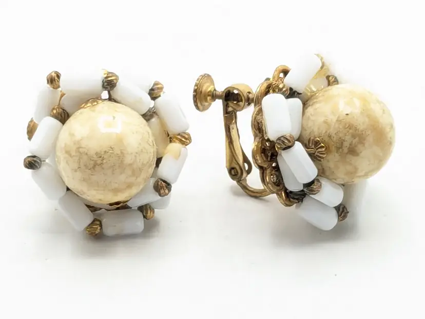 Vintage Miriam Haskell Gold Tone Faux Pearl Milk Glass Beaded Earrings